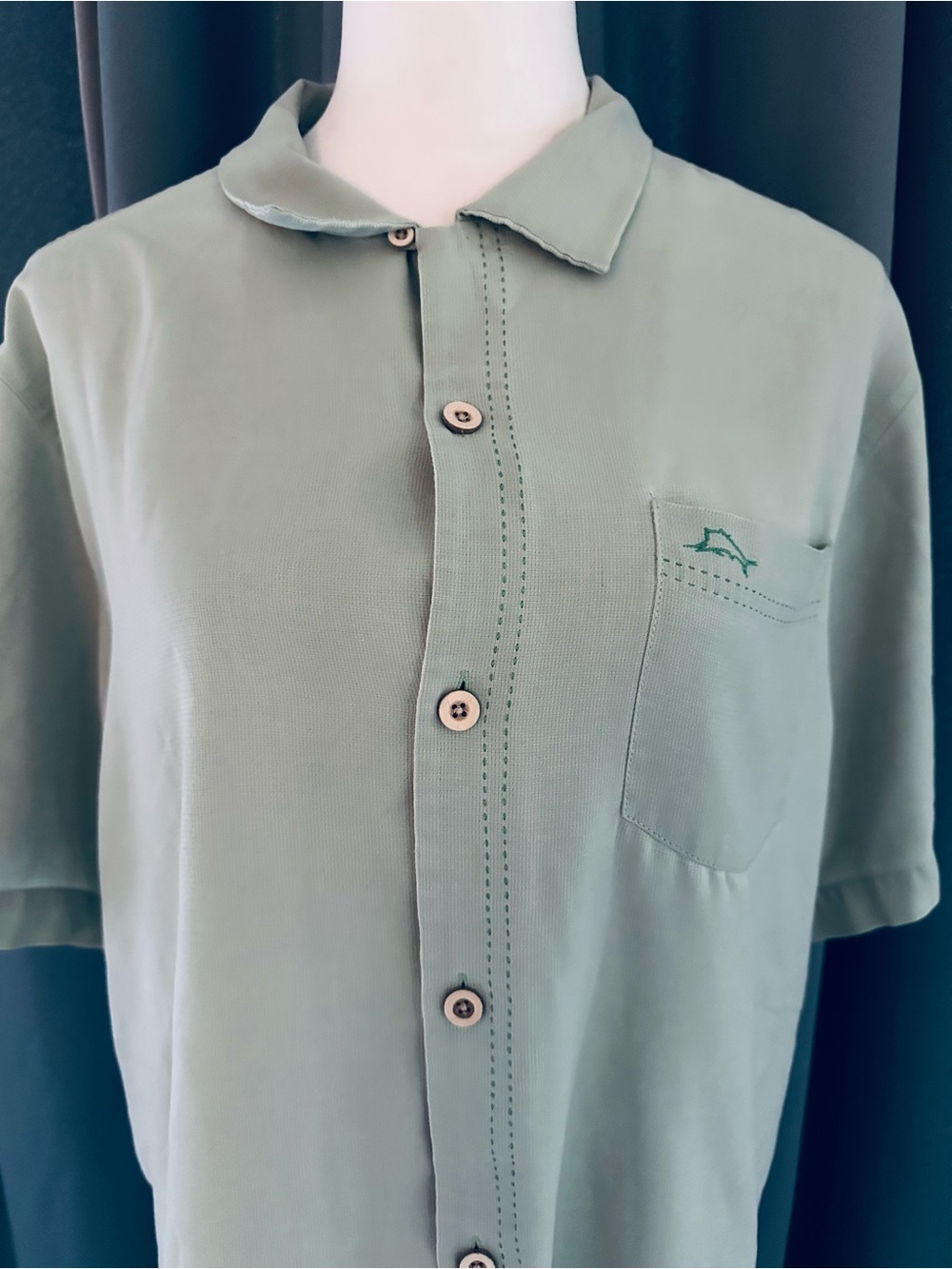 Tommy Bahama Men's XL Silk Blend Camp Shirt Green Button Front Short Sleeve
